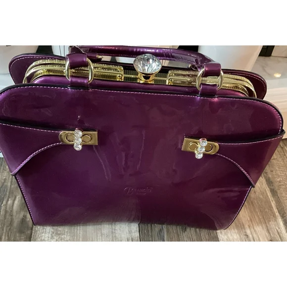 Brangio of Italy Purple Patent Leather Glam Gold Frame Rhinestone Top Handle Bag - Picture 6 of 12